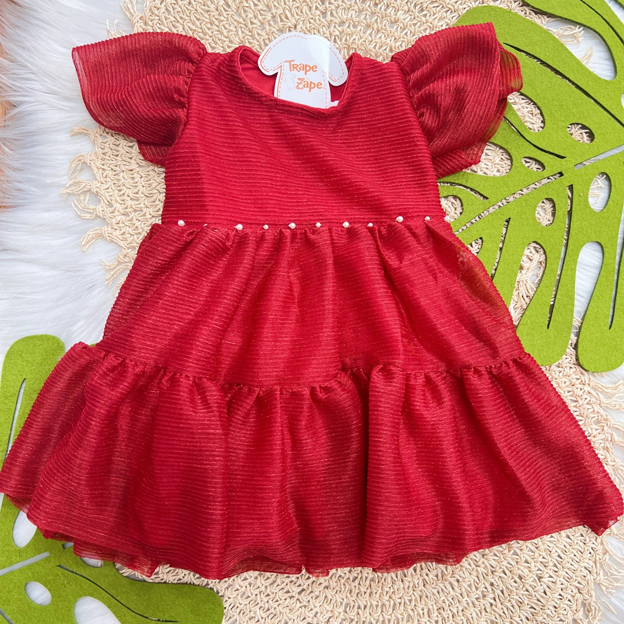 Vestido em Tule com Pérolas - Vermelho
